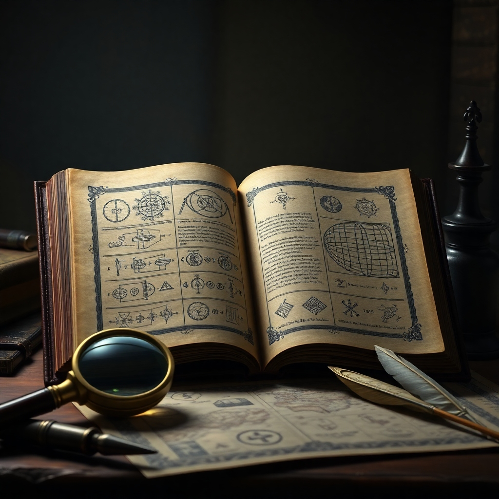 A detailed photorealistic image of an old, leather-bound book open to a page filled with complex symbols and diagrams. A beam of light illuminates a specific section, highlighting a key code being deciphered. Around the book are tools such as magnifying glasses, ancient maps, and writing quills. The background is dimly lit, creating a mystical and scholarly atmosphere. The focus is on the intricacy of the symbols and the process of unraveling their secrets. Rendered in 4K resolution.