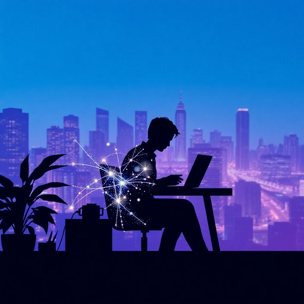 A digital art piece combining a silhouette of a person working from home with a cityscape in the background. The silhouette is filled with positive energy, represented by glowing lines and particles. The color palette is a mix of blues and purples, creating a sense of possibility and innovation. 4k resolution, high quality.