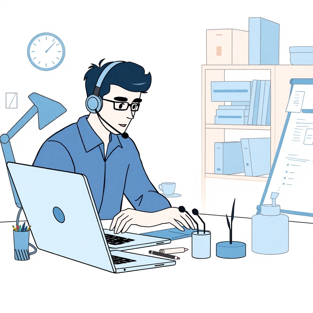 A digital art piece depicting a person working from home with a variety of tools and technologies, including a laptop, a headset, and a digital whiteboard. The color palette is modern and professional, with blues and grays. The person is focused and efficient. The background is clean and organized. 4k resolution, high quality.