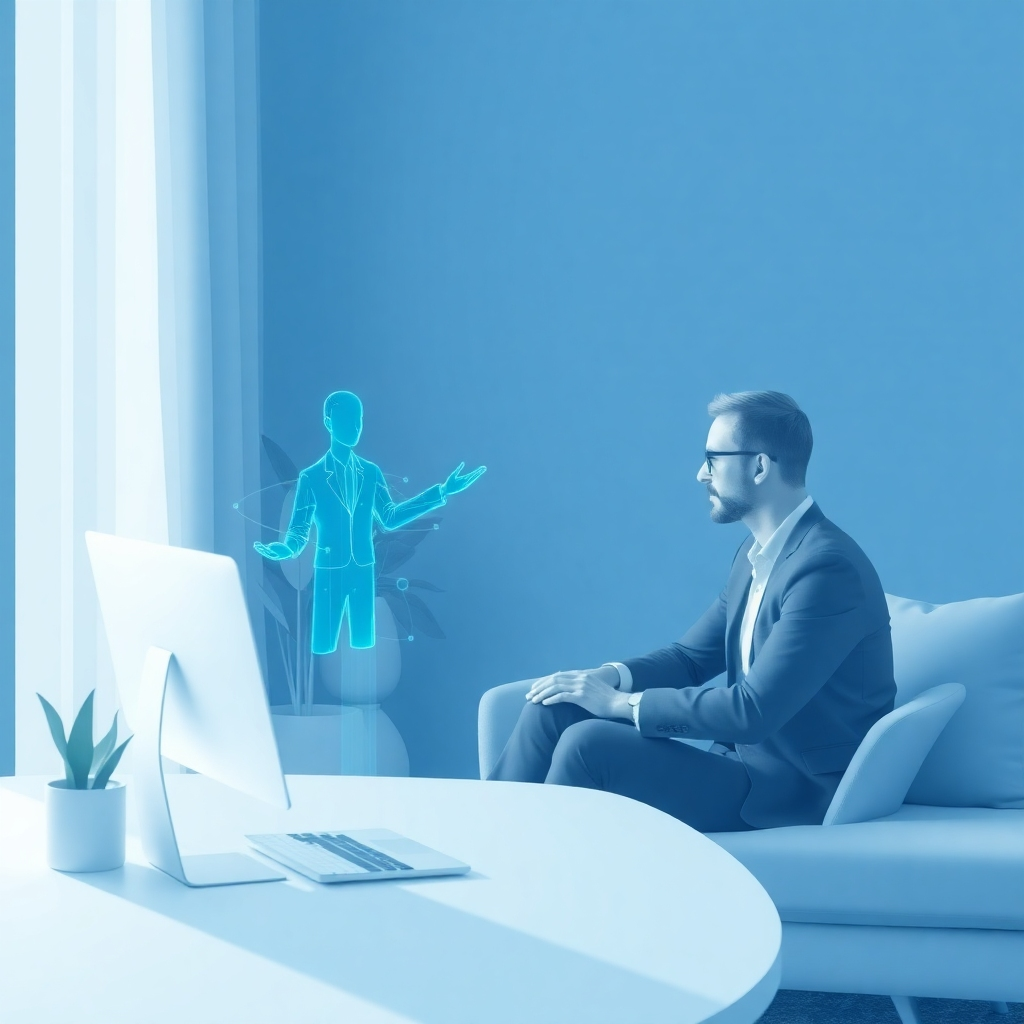 A digital art piece depicting a consultant providing guidance to a person working from home. The consultant is represented as a holographic figure, providing a futuristic and professional feel. The color palette is modern and clean, with blues and grays. 4k resolution, high quality.