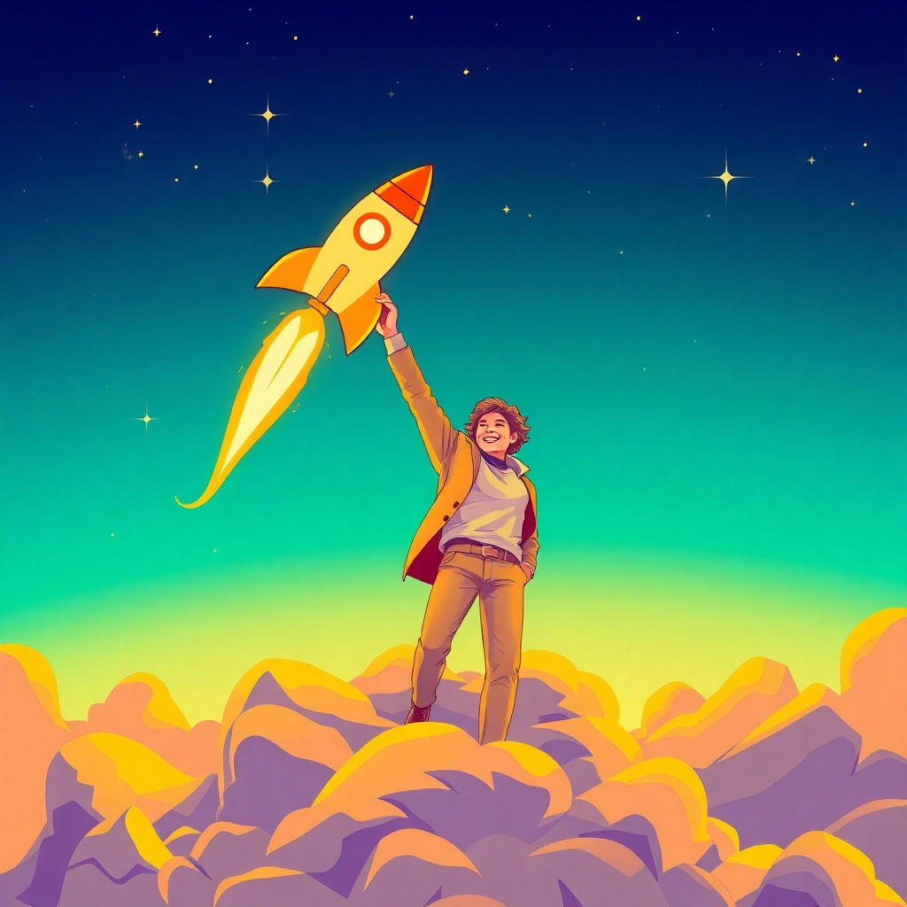 A digital art piece depicting a person launching themselves into the sky with a rocket powered by positive energy. The color palette is bright and energetic, with oranges and yellows. The person is smiling and confident. The background is a starry sky. 4k resolution, high quality.
