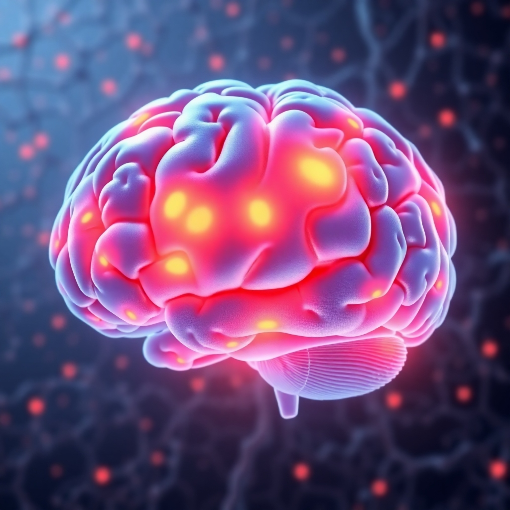 A digital artwork depicting a brain with subtle areas of inflammation. The inflamed areas are highlighted in red and orange, contrasting with the healthy areas in blue and green. The background should be complex and detailed, representing the intricate network of neurons and synapses. The lighting should be soft and diffused, emphasizing the subtle nature of inflammation.