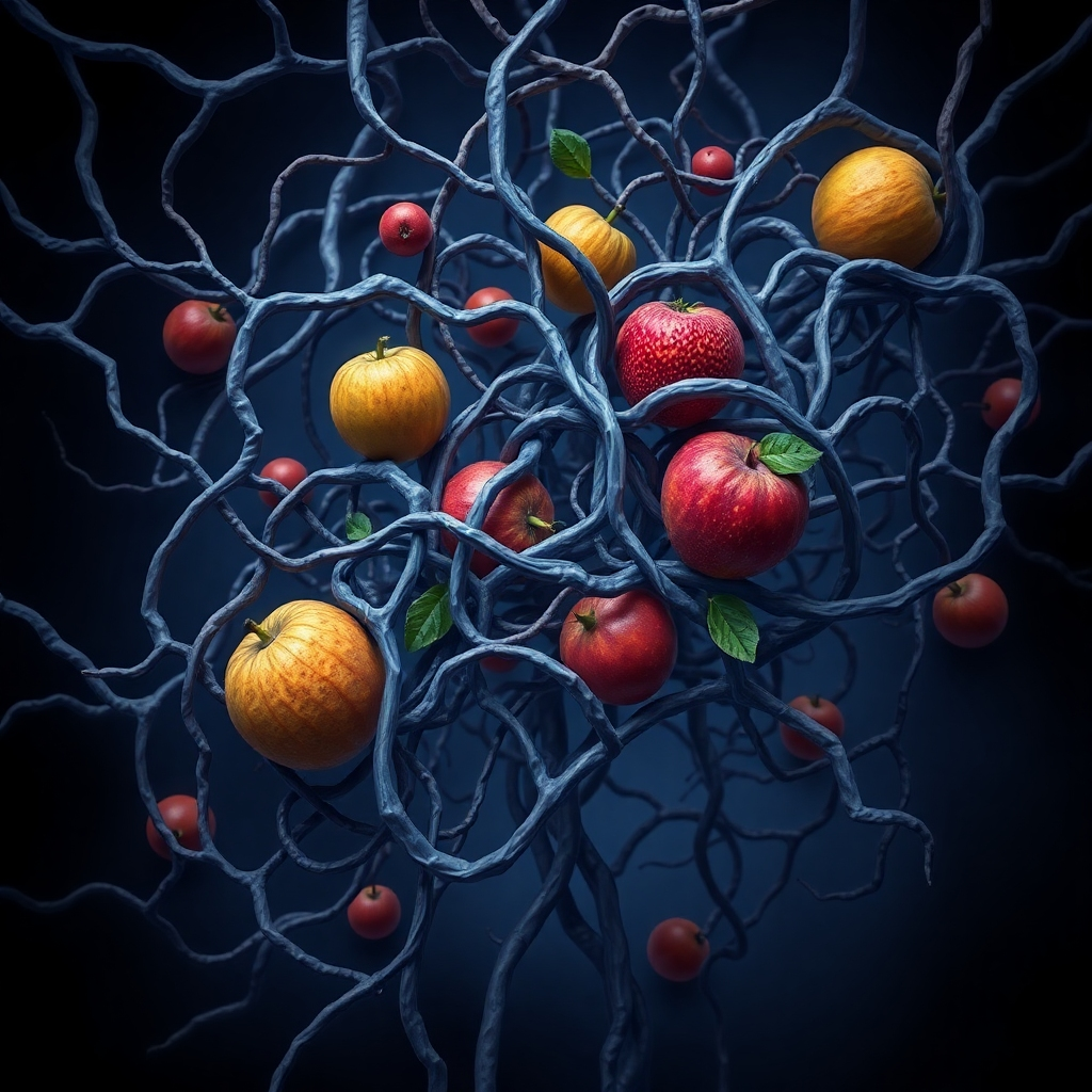 A digital artwork illustrating tangled neurological pathways, with some pathways appearing broken and frayed. Intertwined within the pathways are abstract representations of fruits, symbolizing dietary restrictions. Use a color palette of deep blues, purples, and grays to create a sense of complexity and disorder. The lighting should be dim and diffused, highlighting the chaotic nature of disrupted neurological pathways.