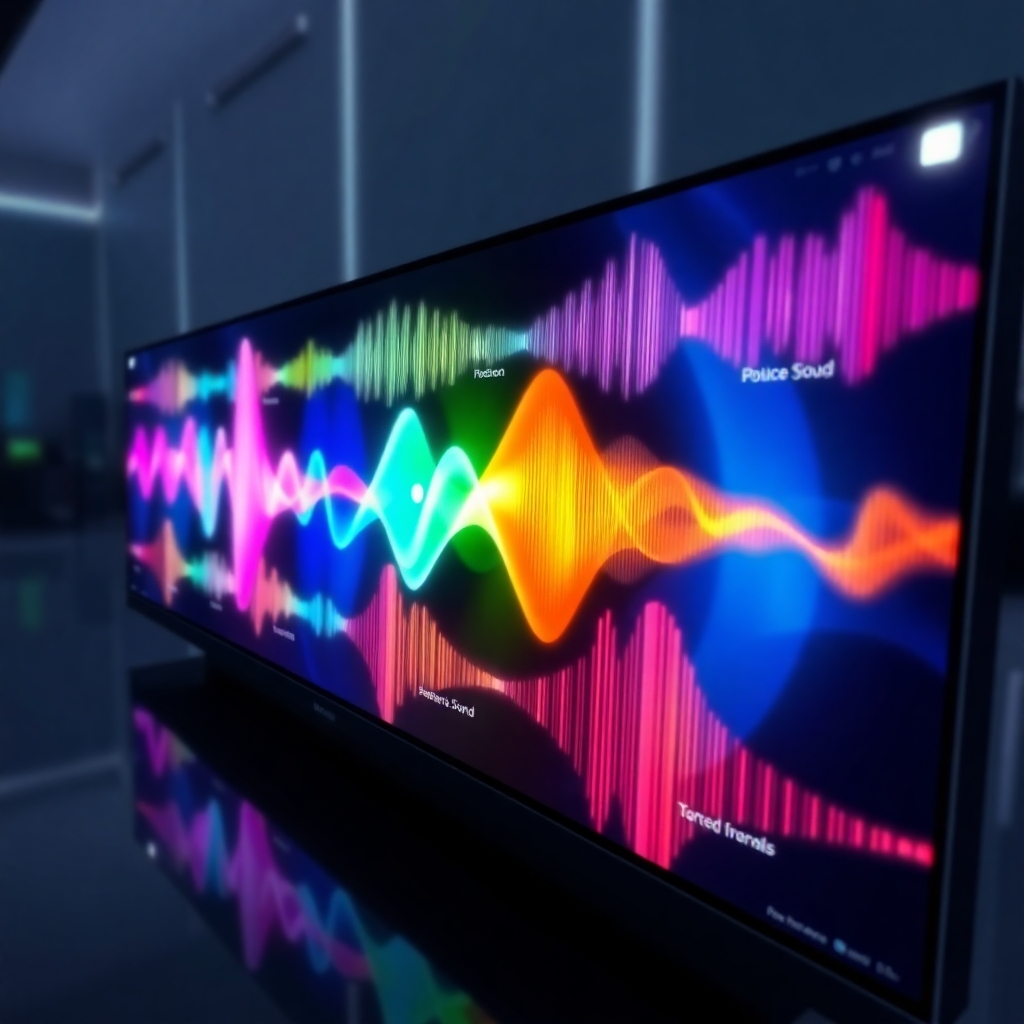 A digital display showcasing a variety of sound wave visualizations intertwined with positive affirmations appearing as text. The display is sleek and modern, with vibrant colors that represent the different frequencies and intentions. The style is digital and innovative. Colors: Varied and vibrant, representing different intentions and frequencies. Technical specs: High-resolution rendering, dynamic graphics.