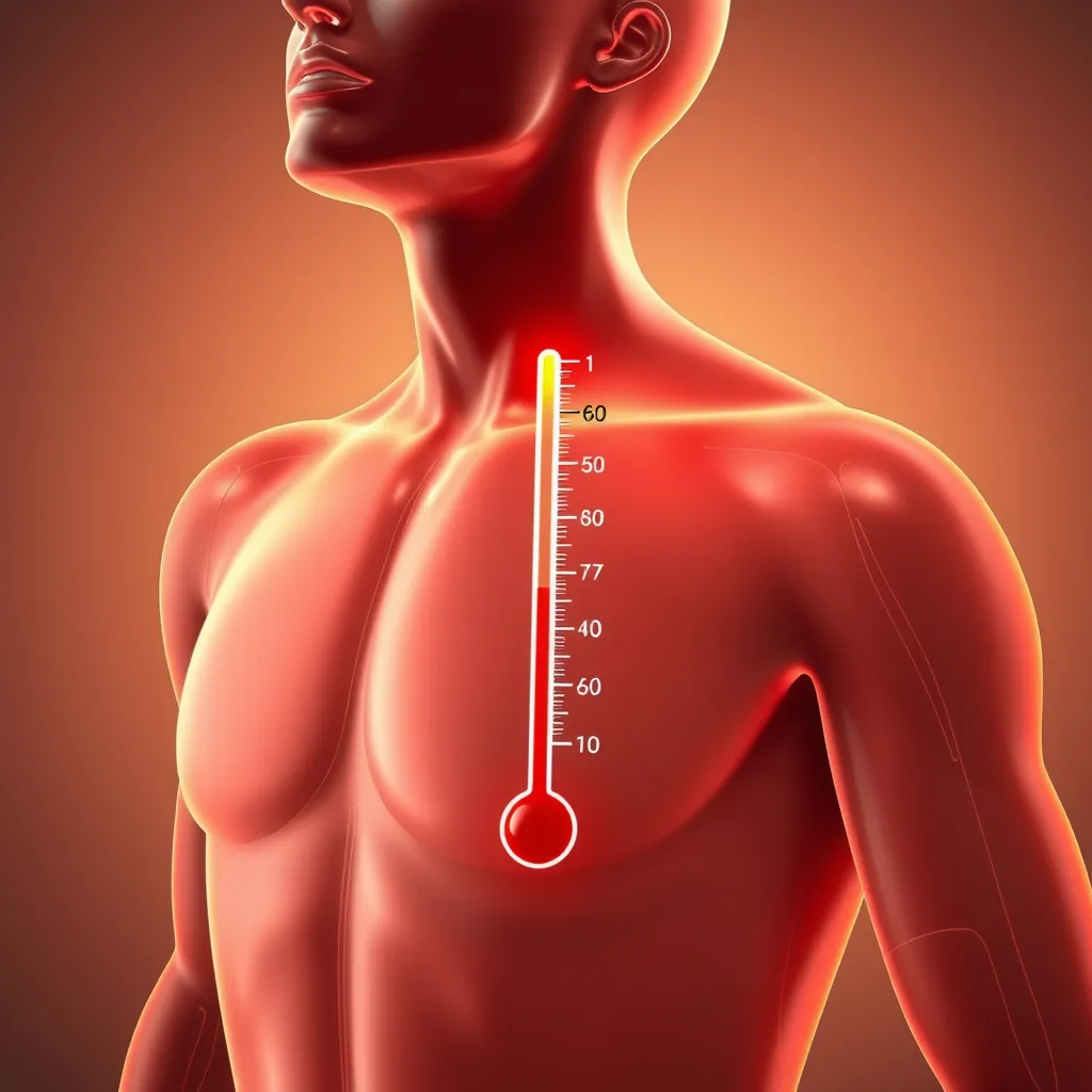 A digital illustration of a person's body with a thermometer inside. The thermometer should show a rising temperature, symbolizing increased thermogenesis. The image should be vibrant and colorful, emphasizing the positive impact of coffee on the body.