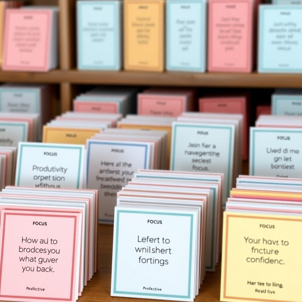 A digital library interface with rows of affirmation cards. Each card has a unique design and color scheme, representing different areas of focus: productivity, focus, confidence, etc. The scene creates a sense of abundance and easy access to positive affirmations.