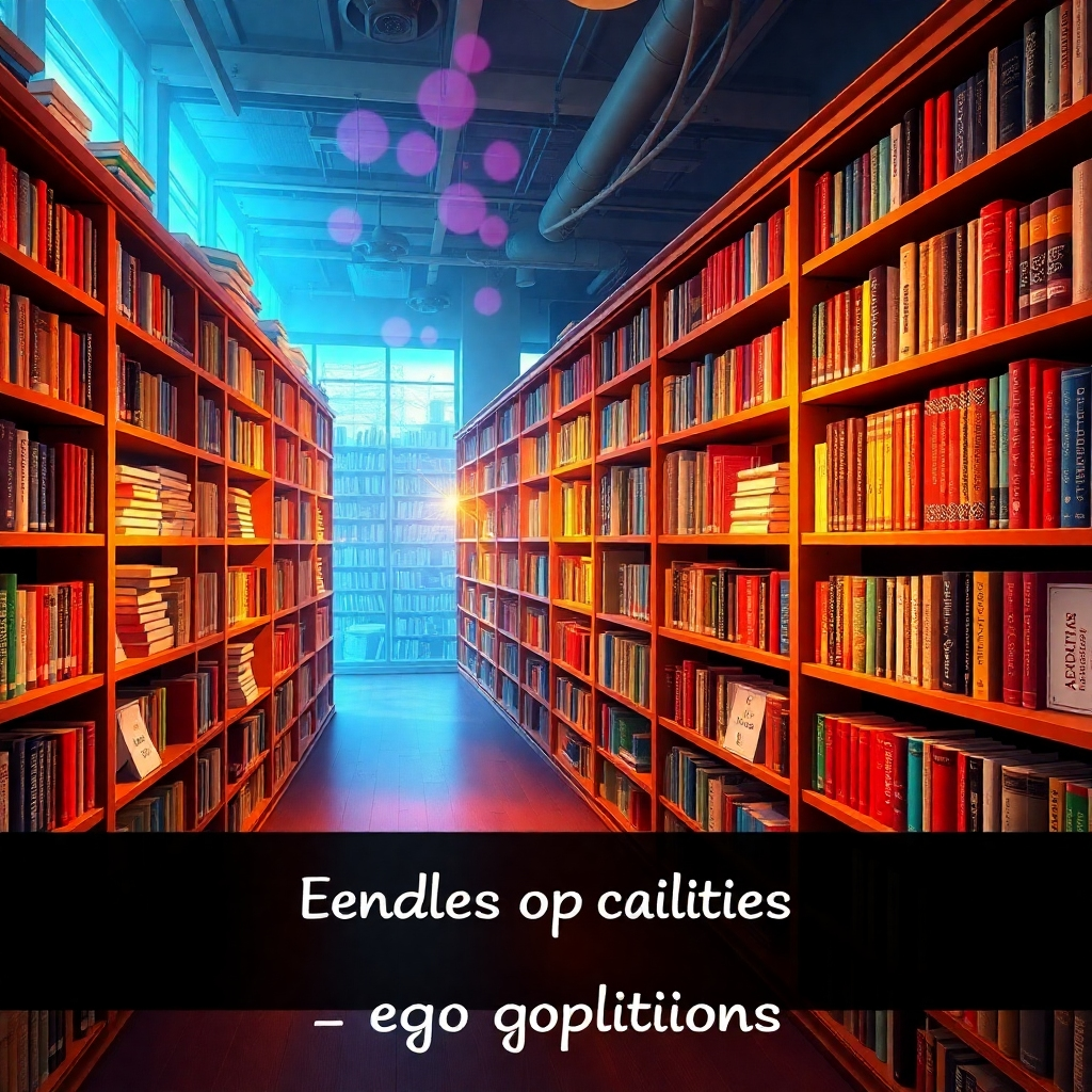 A digital library with bookshelves filled with books and affirmations. The scene is colorful and inspiring, with a sense of endless possibilities.