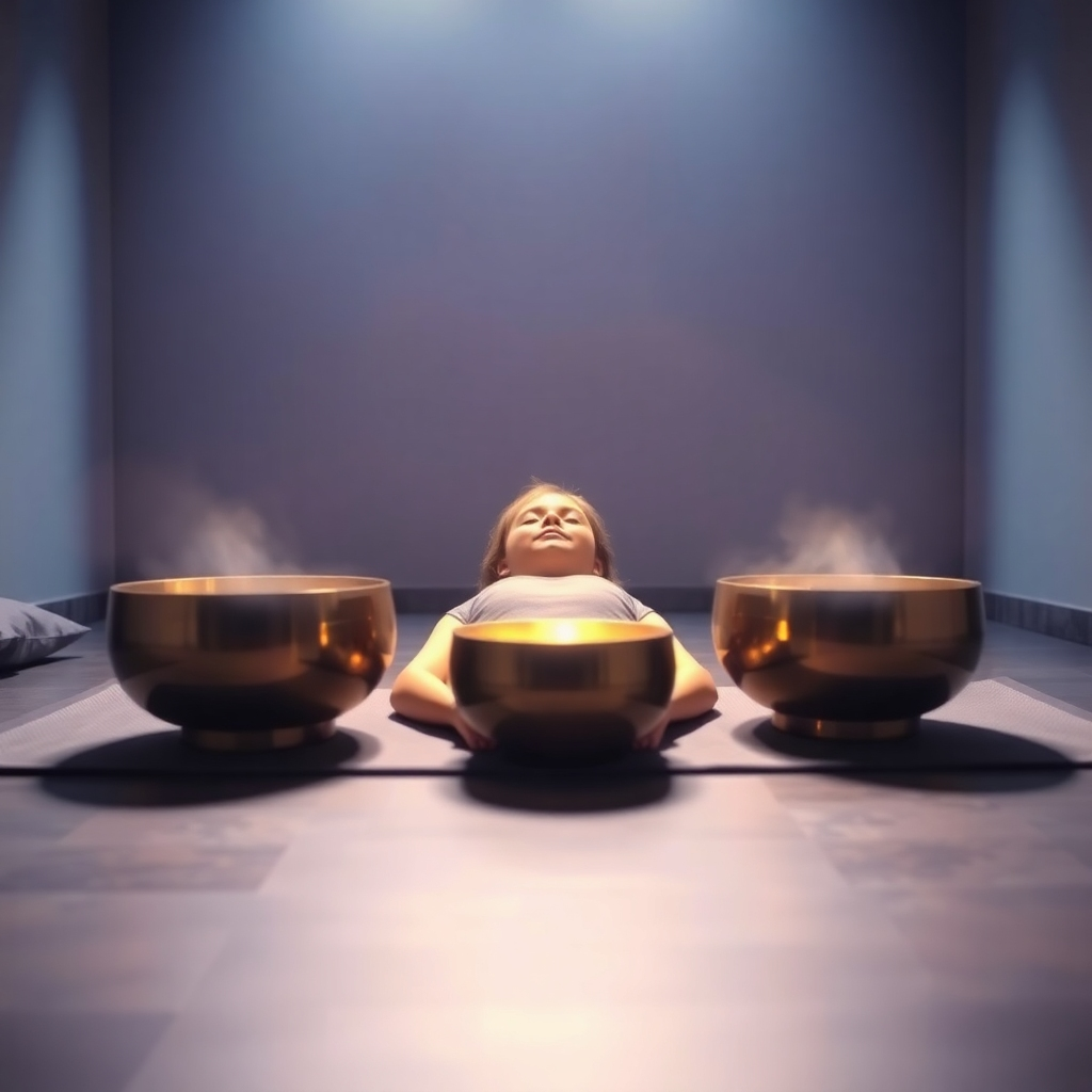 A dimly lit room where a person lies comfortably on a mat while being bathed in the resonant frequencies of crystal singing bowls. Soft, warm light accentuates the bowls and the serene expression on the person's face. The environment is calming and peaceful. Colors are soft and muted, primarily blues and purples. The style is serene and inviting. Technical Specs: soft focus, high-resolution rendering.