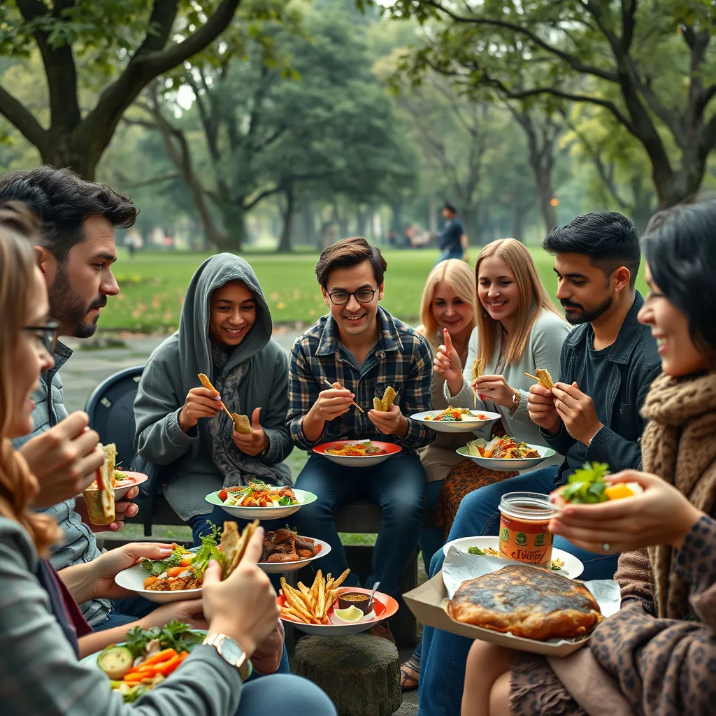 A diverse group of people in a park, showcasing a variety of dietary choices. Some are enjoying vegan meals while others are having traditional meals with meat. The atmosphere should be relaxed and welcoming, symbolizing the freedom of choice and respect for individual dietary preferences.