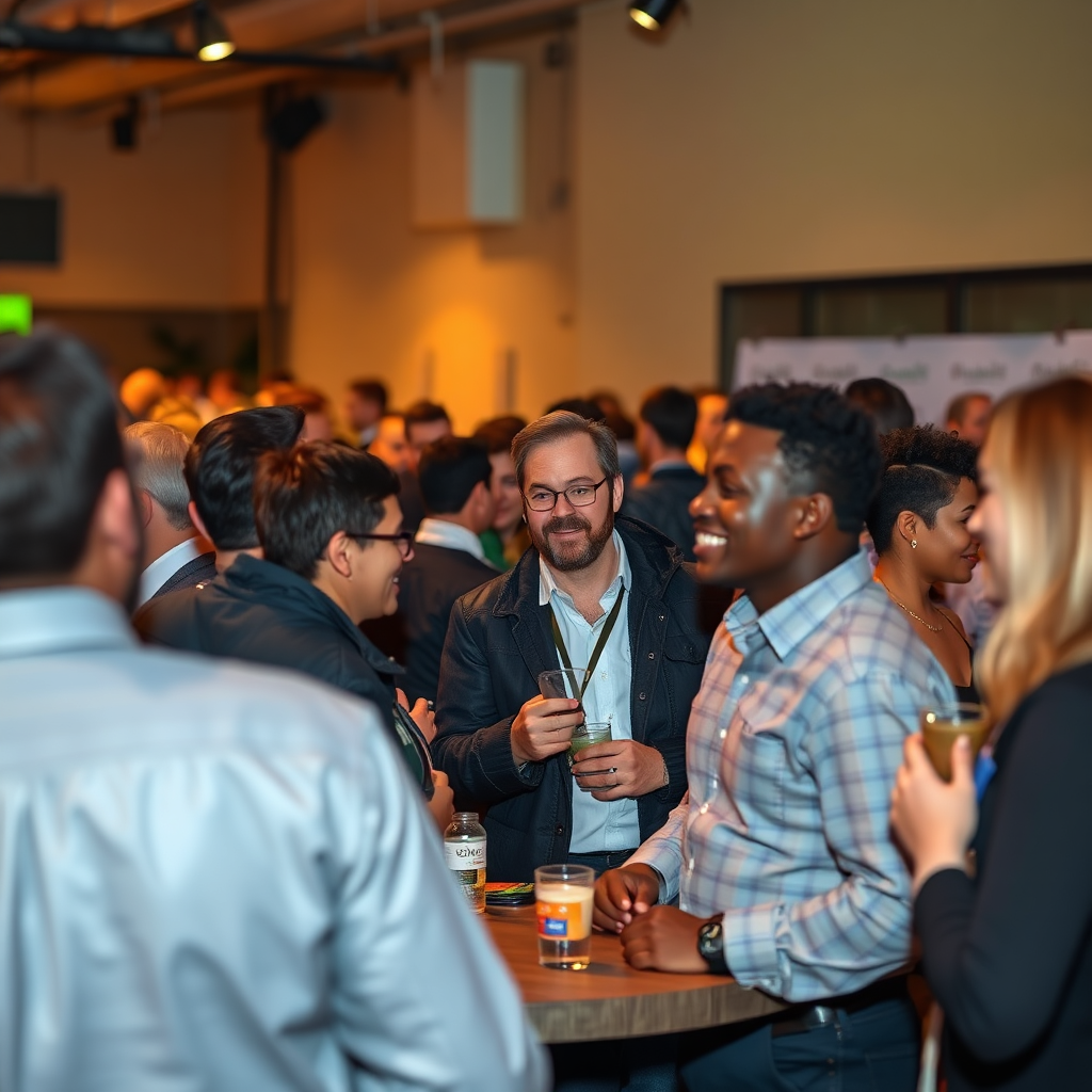 A diverse group of people networking at a cannabis-related event in Norfolk, VA. The scene should convey a sense of connection, collaboration, and shared interests. Use a variety of settings and subjects to represent the diversity of the local cannabis community. The lighting should be warm and inviting, creating a positive and uplifting atmosphere. The style is modern and inclusive, reflecting the evolving cannabis landscape. Render in high resolution with realistic detail, capturing the energy and excitement of the event.