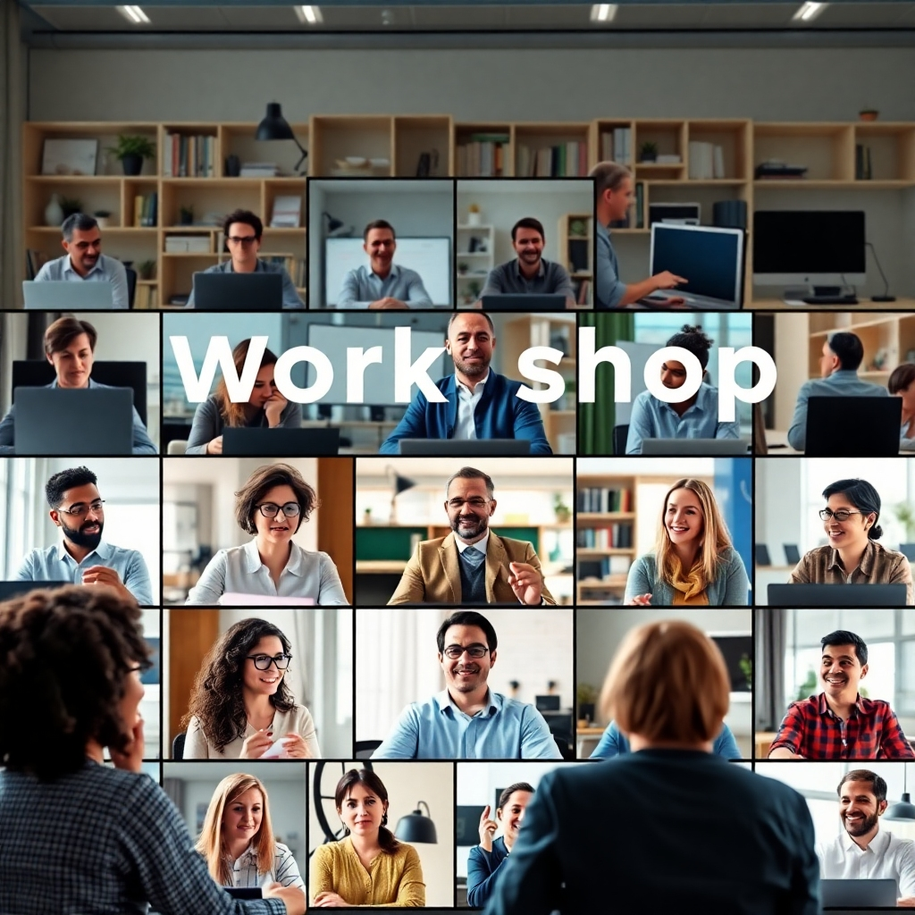 A diverse group of people participating in a virtual workshop. The participants are engaged and attentive. The facilitator is leading the session with enthusiasm and expertise. The background shows a variety of home office settings. The lighting is bright and professional. The style should be photorealistic, capturing the energy and dynamism of the interaction. The color palette should be vibrant and engaging, conveying a sense of collaboration and teamwork. The image should evoke feelings of learning, growth, and connection.