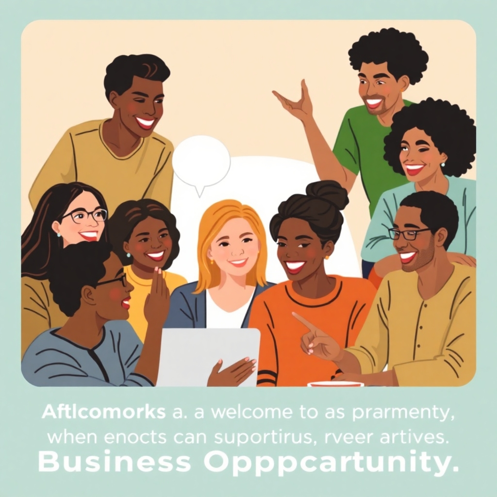 A diverse group of remote workers connecting through a virtual online platform, sharing ideas and offering encouragement. The scene should depict a sense of collaboration and support, with everyone smiling and engaged. Use a color palette that promotes inclusivity and community (warm earth tones, vibrant accents). The image should convey the message that Afrekete Business Opportunity offers a welcoming and supportive community where remote workers can connect, share experiences, and grow together.