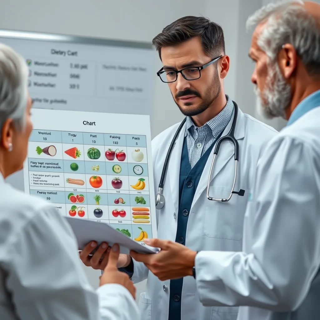 A doctor explaining a dietary chart to a patient, highlighting the importance of a balanced diet including fruits and vegetables, showcasing the possible risks of restrictive diets.