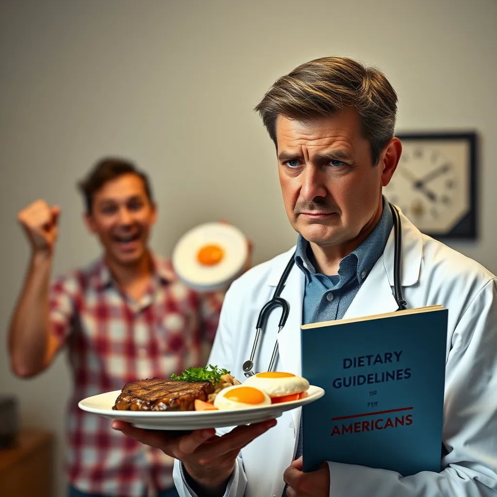 A doctor in a white coat, looking frustrated and confused, holding a book titled 'Dietary Guidelines for Americans' while a patient in the background excitedly holds up a plate of steak and eggs. The doctor's expression conveys a sense of unease and uncertainty, while the patient appears confident and happy with their carnivore diet.