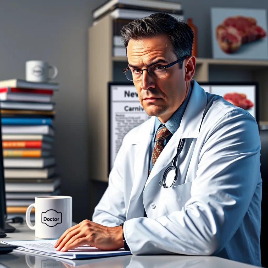 A doctor in a white coat, sitting at a desk with a computer screen displaying a medical journal, frowning and skeptical about the information on the carnivore diet. The background should include stacks of books, a coffee mug with the word 'Doctor' on it, and a subtle image of a steak in the corner.