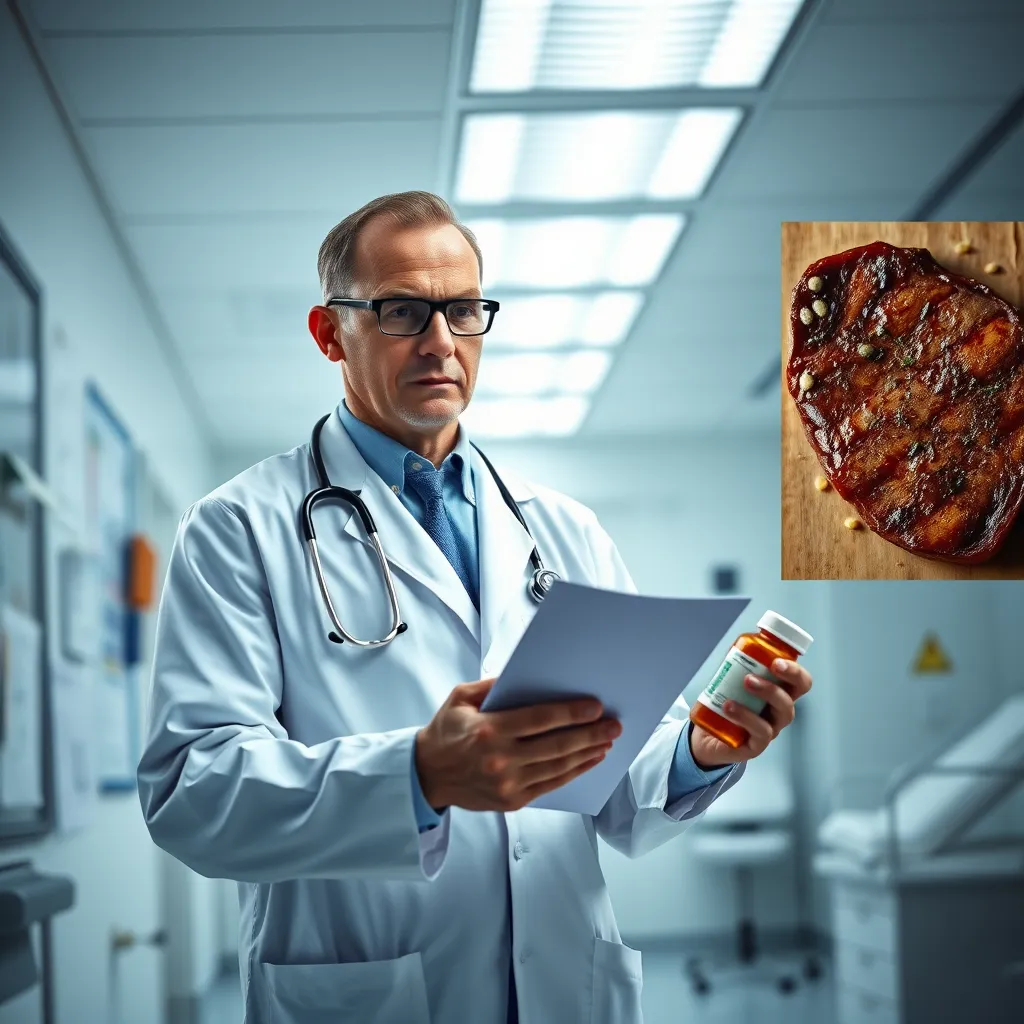 A doctor in a white coat, standing in a brightly lit hospital room, holding a prescription pad and a pill bottle, looking conflicted and torn between the interests of their patient and the financial benefits of prescribing medication. The background should include medical equipment, charts, and a subtle image of a steak in the corner.