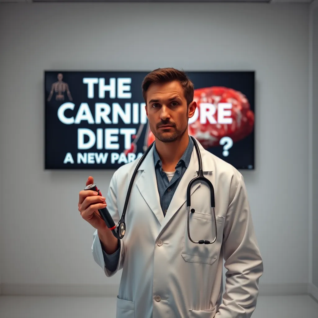 A doctor in a white coat, standing in a sterile white room, holding a stethoscope and looking concerned. Behind them is a large, digital display showcasing a graphic of the human body and a bold headline: 'The Carnivore Diet: A New Paradigm?' The background should be dimly lit with a subtle image of a steak in the corner.
