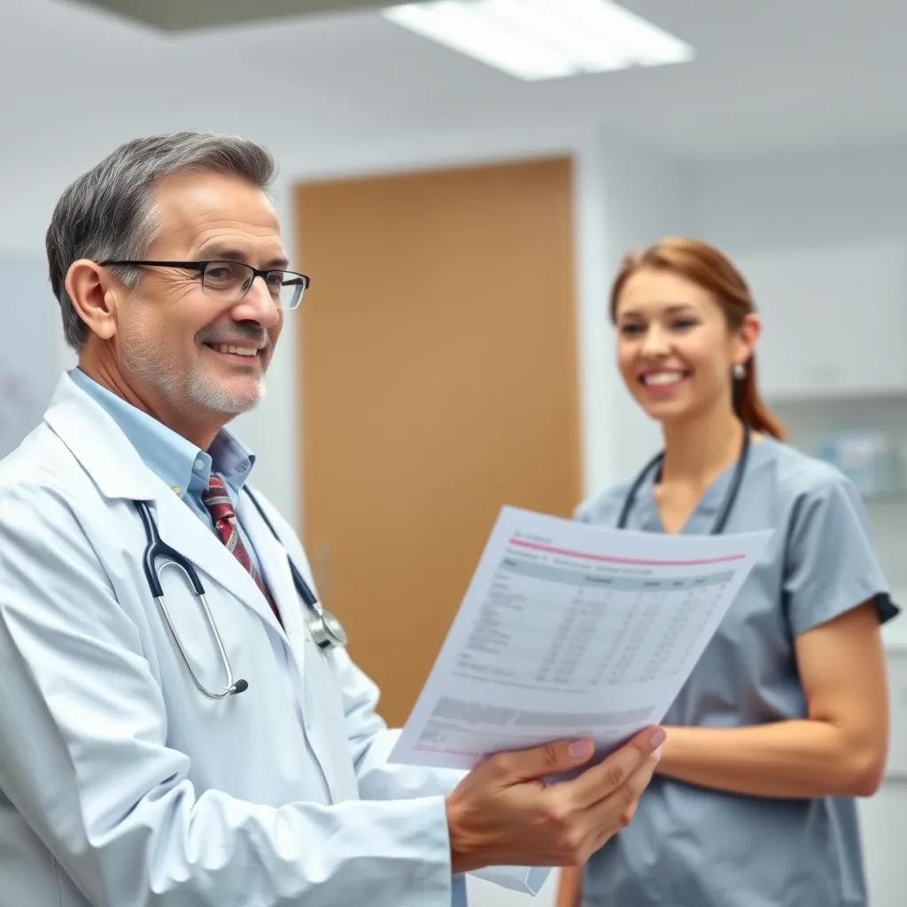 A doctor in a white coat examining a patient in a brightly lit medical office. The patient is smiling and appears healthy. The doctor is holding a blood test report and explaining it to the patient. The image should convey a sense of trust and confidence in medical professionals and the importance of regular checkups.