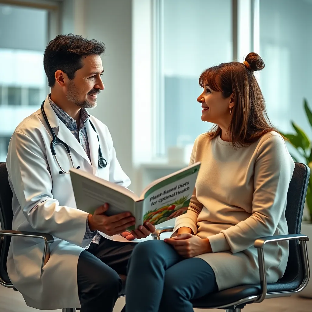 A doctor in a white coat explaining the benefits of a plant-based diet to a patient. They are both seated in a modern, well-lit doctor's office. The doctor holds a book with the title "Plant-Based Diets for Optimal Health." The image should convey a sense of trust and professionalism, emphasizing health benefits rather than government control.