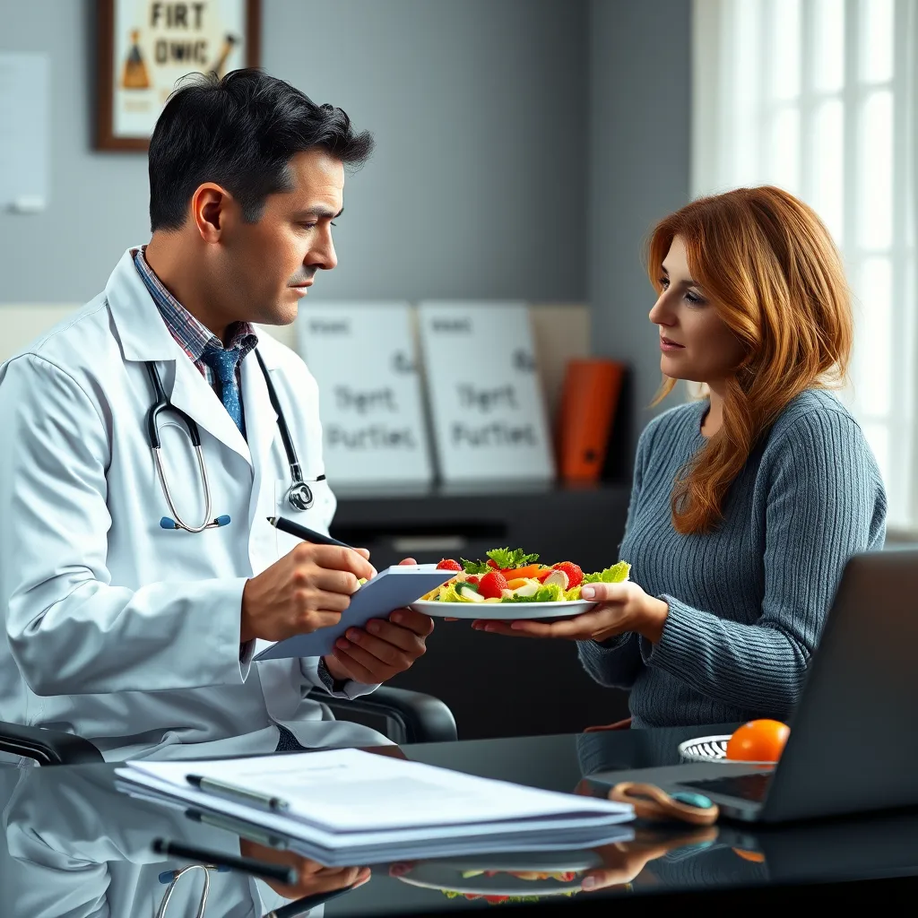 A doctor in a white coat is seated at a desk, listening intently to a patient who is explaining their dietary choices. The doctor is holding a pen and a notepad, while the patient holds a plate of vegan food, symbolizing the importance of personalized medical guidance for vegan diets.