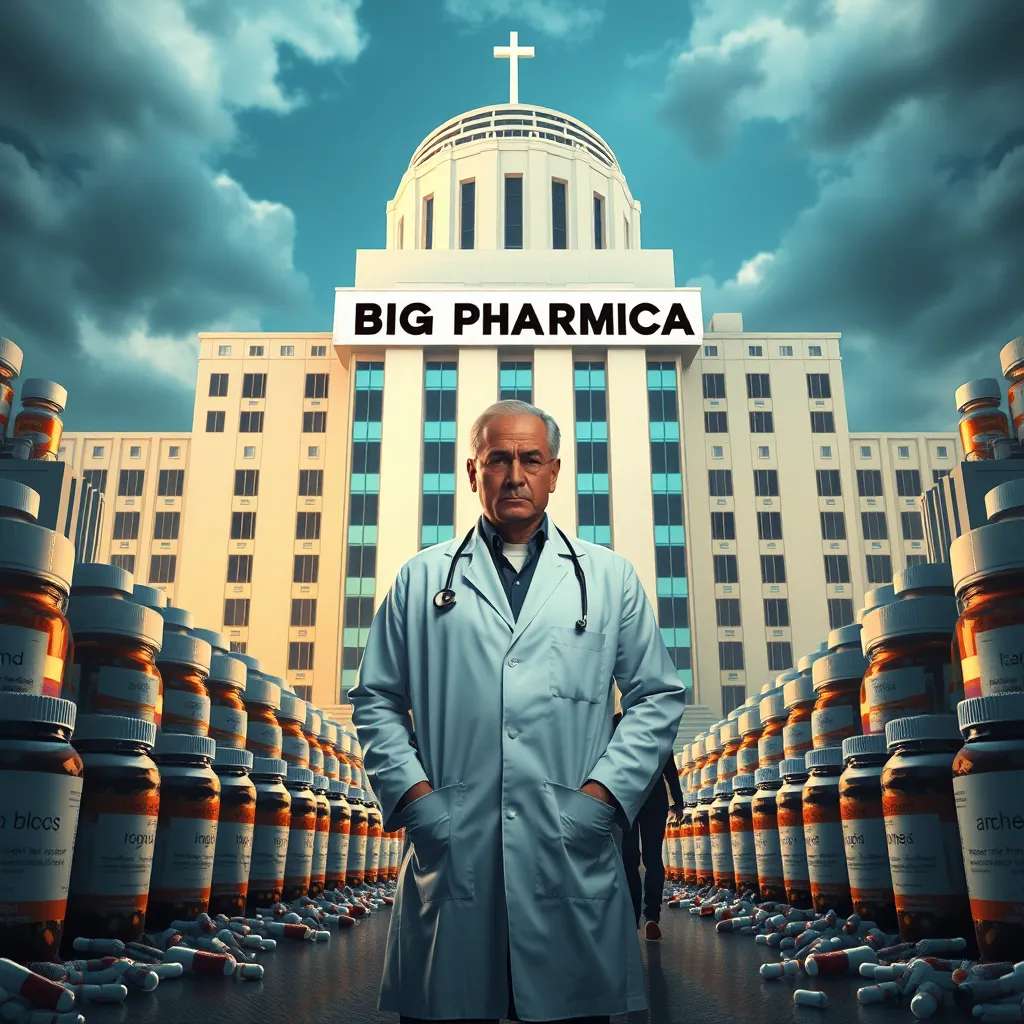 A doctor in a white coat stands in front of a large, imposing building labeled 'Big Pharma'. The building is surrounded by pill bottles and medical equipment. In the background, a silhouette of a person with a frown on their face walks away, representing individuals struggling with chronic diseases.