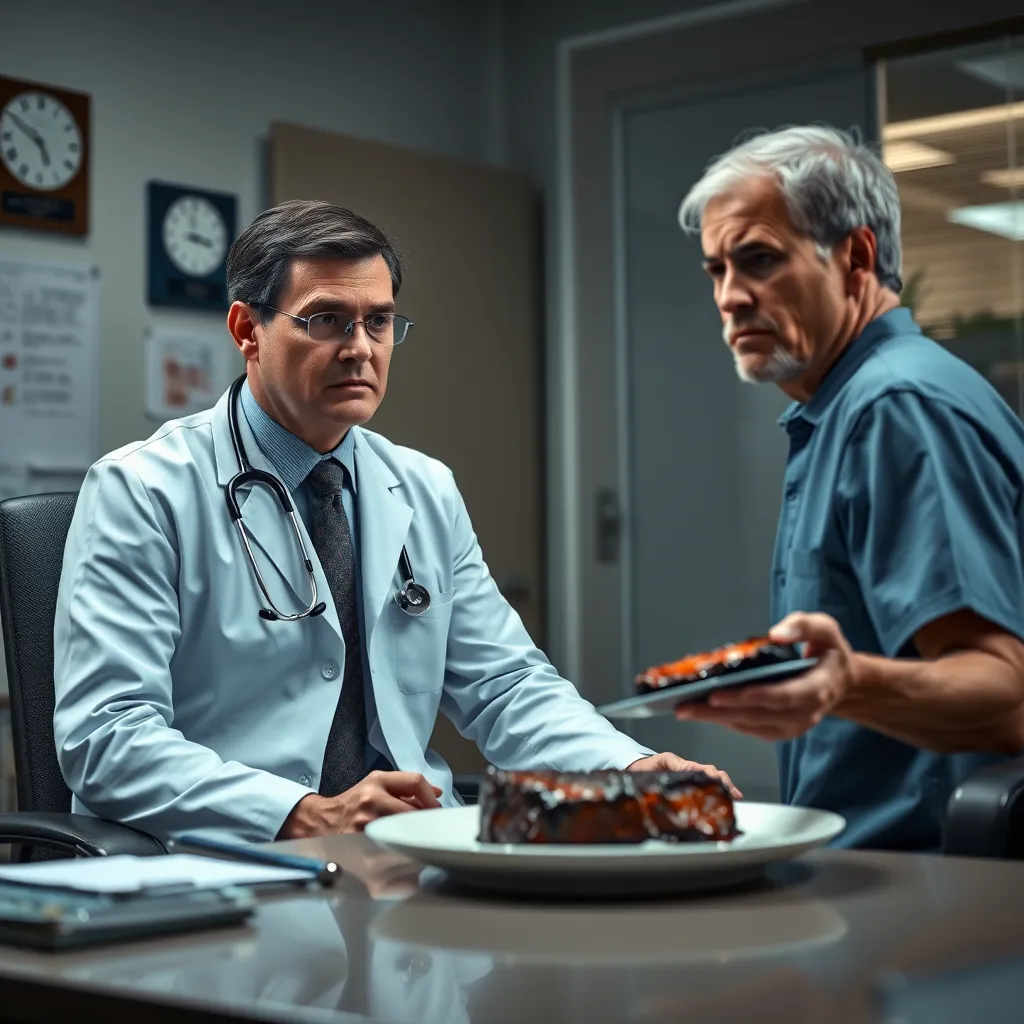 A doctor's office, with a doctor sitting at their desk, looking concerned as they talk to a patient, who is sitting across from them. The patient has a worried expression and is holding a plate of steak in their hands