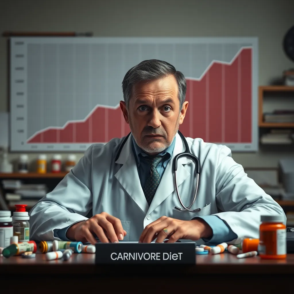 A doctor sitting at a desk, surrounded by various medications, looking concerned and anxious. In the background, a chart showing a steep decline in pharmaceutical sales, with the label 'Carnivore Diet' at the bottom. The doctor's expression suggests a sense of impending financial loss due to the popularity of the carnivore diet.