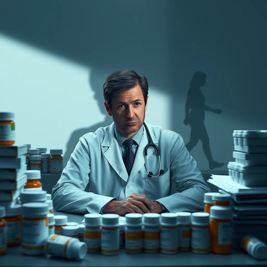 A doctor sitting at a desk, surrounded by stacks of prescription bottles, looking concerned.  The desk is covered with a large, ominous shadow, suggesting a looming threat. In the background, a silhouette of a person on a carnivore diet is seen walking away, representing a potential loss of business for the doctor.