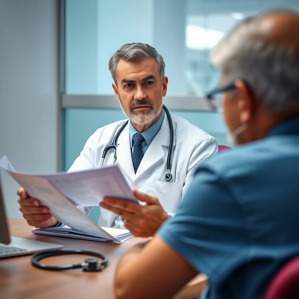 A doctor sitting at a desk in a consultation room, talking to a patient while holding a medical chart with a stethoscope nearby. The image should focus on the doctor's attentive and concerned expression, while the patient's face is partially obscured, symbolizing the importance of professional medical advice and diagnosis.