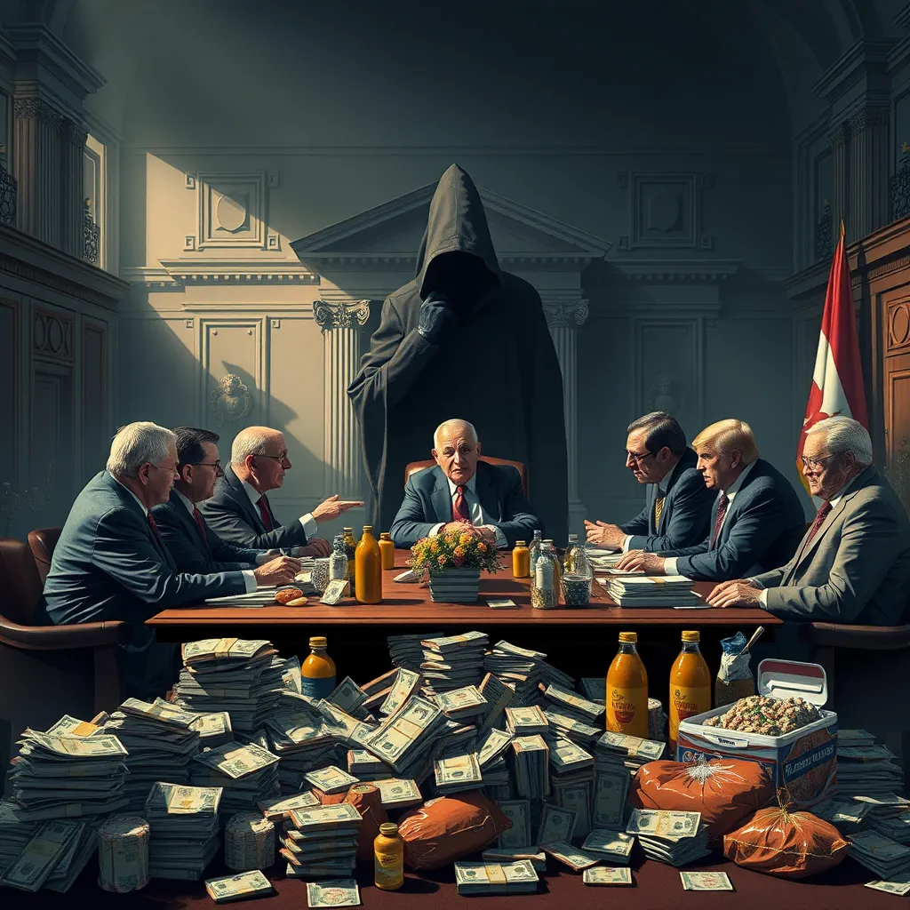 A dramatic illustration depicting a group of politicians sitting at a table in a government building, surrounded by piles of money and food products, with a shadowy figure representing the food industry looming over them, whispering in their ears.