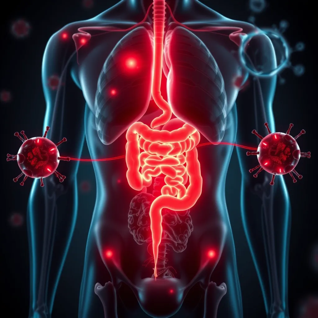 A dramatic image of a human body, with inflamed areas highlighted in red, showing a chain reaction starting from the intestines and spreading to other organs, accompanied by a visual representation of the immune system being overwhelmed.