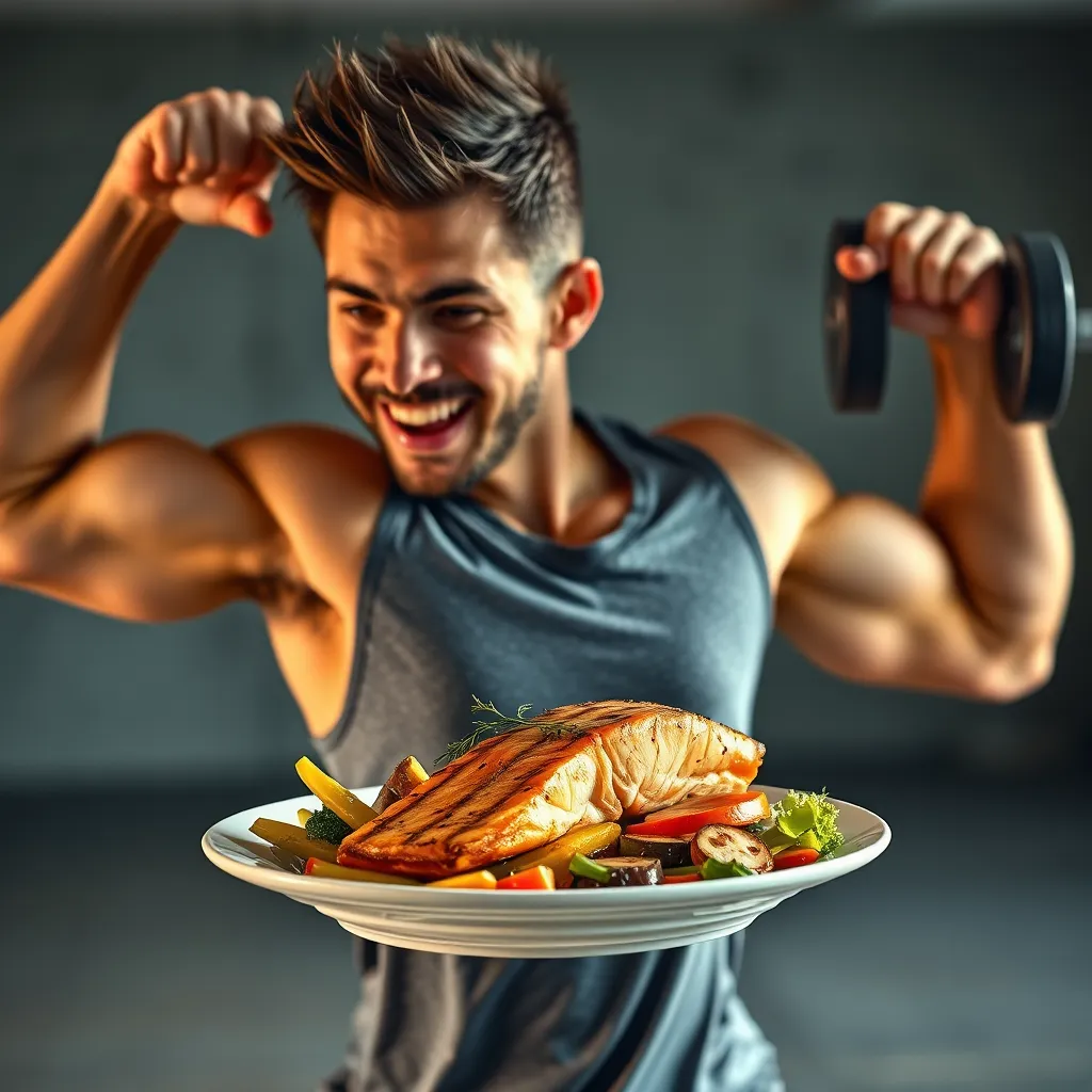 A dynamic image of a person confidently engaging in a challenging physical activity like weightlifting or sprinting. They are radiating energy and focus, fueled by a healthy meal of grilled salmon and vegetables (as a representation of the balance between animal protein and healthy fats). The image should depict the diet's potential for promoting physical performance and vitality.