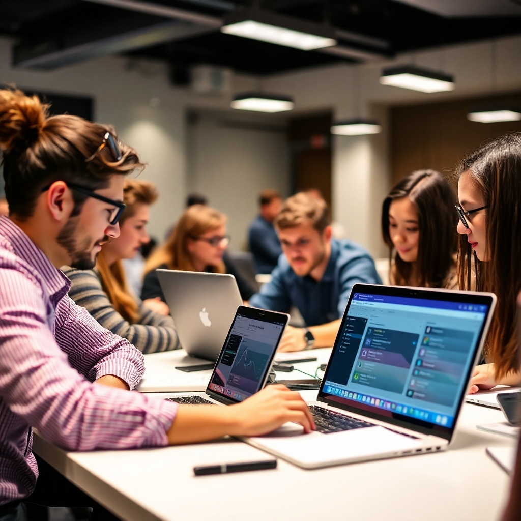 A dynamic image of a tech workshop in action. Participants are actively engaged with laptops, learning new software and skills. The atmosphere is collaborative and supportive. The lighting is bright and professional.