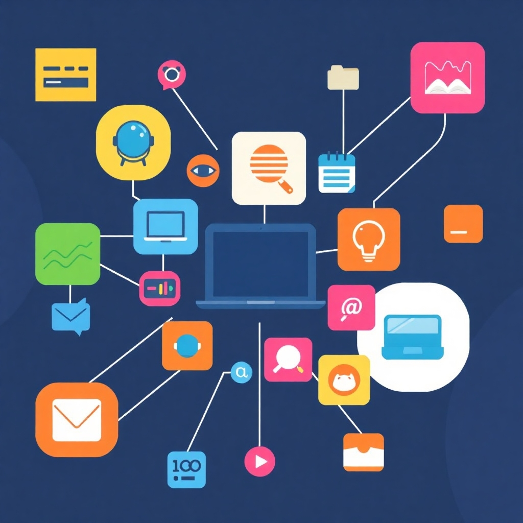 A dynamic image showcasing a montage of icons representing various remote work skills – coding, writing, design, marketing. These icons are arranged in a visually appealing, interconnected network, symbolizing the breadth of opportunities available in the remote work landscape. Use vibrant colors and a modern, clean design.