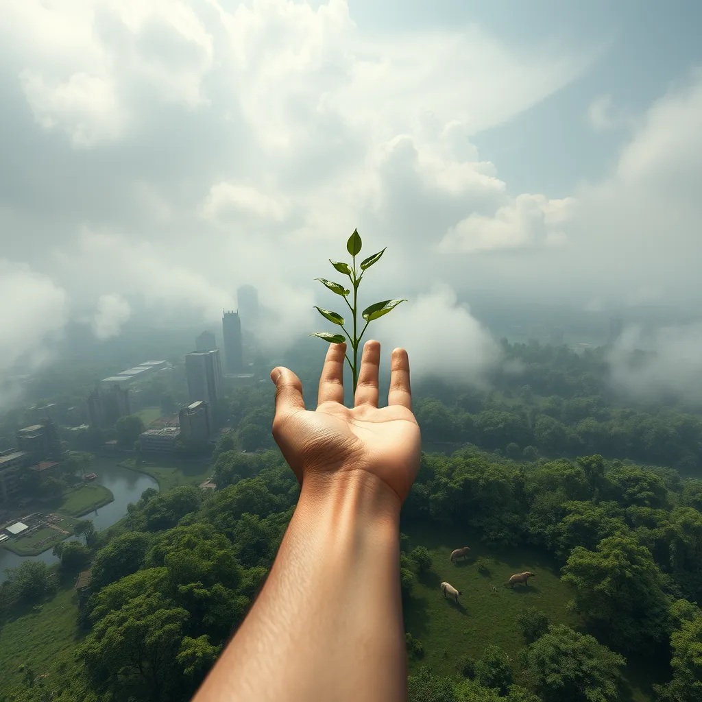 A dystopian cityscape, shrouded in smog, with dilapidated buildings and polluted water sources, contrasted with a lush, thriving forest with diverse plant life and animals grazing peacefully in the background. A single, powerful hand reaches out from the forest, holding a sprout symbolizing hope and renewal.