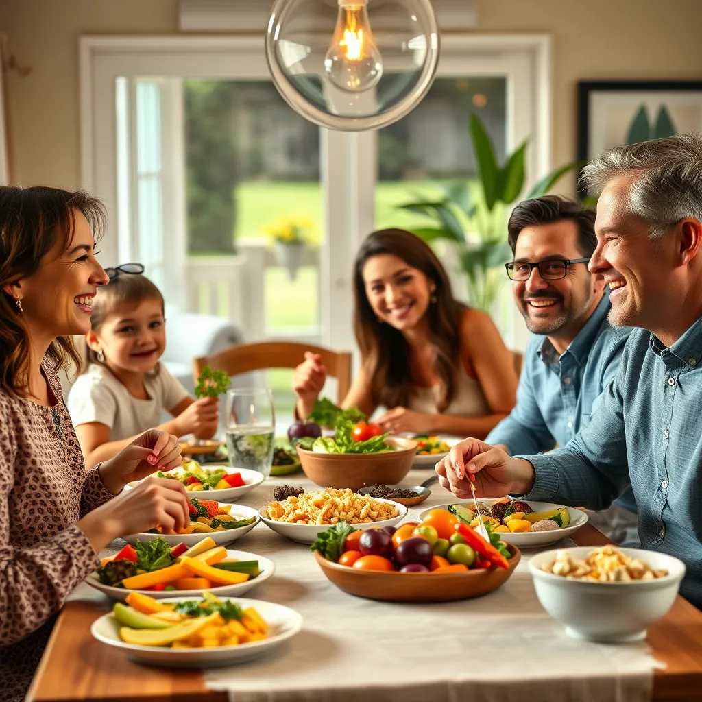 A family sitting at a dinner table, enjoying a delicious vegan meal. The table is filled with colorful vegetables, fruits, and grains. The family members are smiling and enjoying each other's company. The overall tone should be warm and inviting, emphasizing personal choice and freedom within a healthy and diverse dietary context.