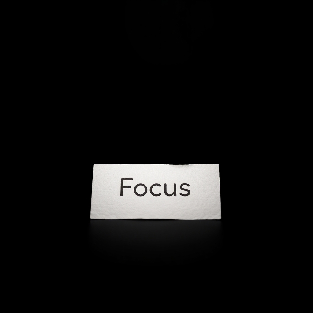 A focused beam of light shining onto a single affirmation card with the word 'Focus' clearly written. The card is made of textured paper. The background is dark and blurred. Style: Minimalist and impactful. Technical specs: High-resolution, studio lighting.