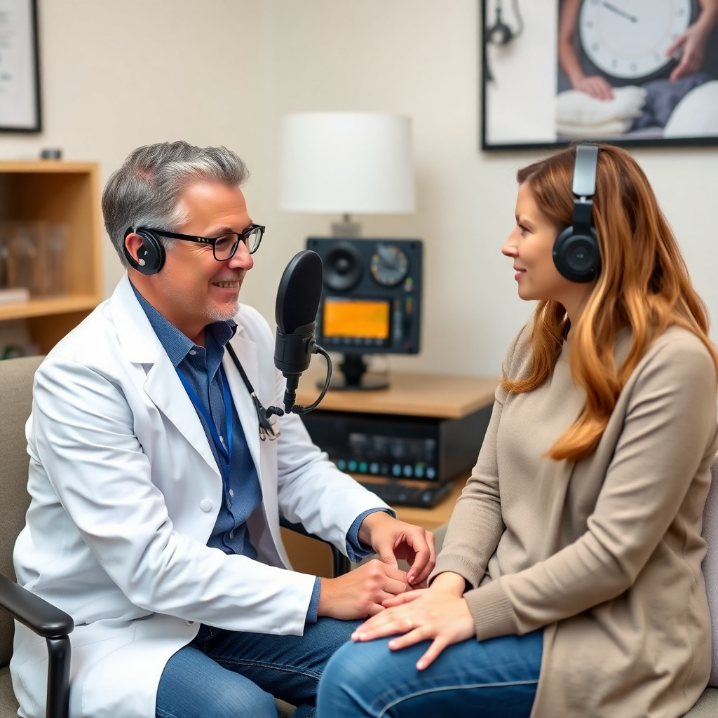 A friendly and knowledgeable sound therapist is consulting with a client, using sound equipment to analyze their sleep patterns. The image should convey a sense of professionalism, expertise, and empathy. Style: professional, health-focused, consultation room setting. Resolution: 4k.