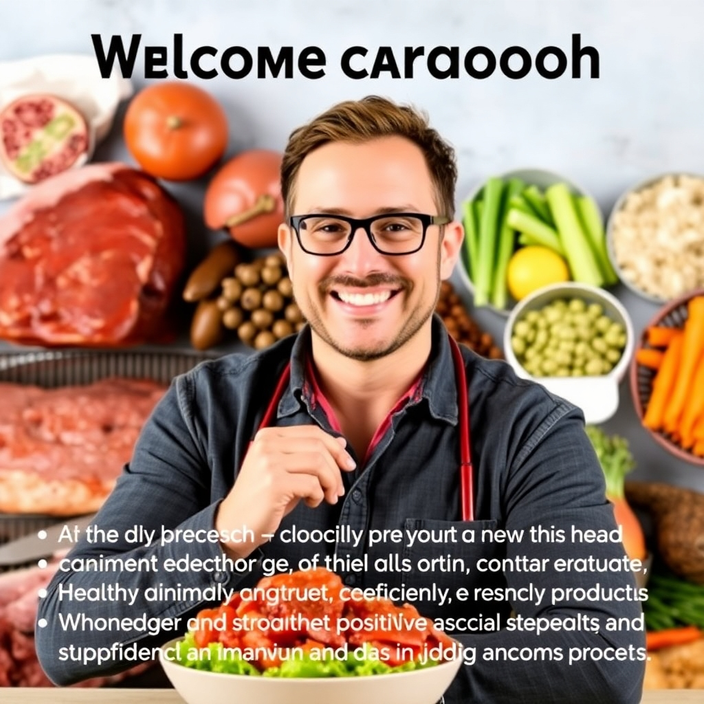A friendly coach guiding a person through a well-prepared carnivore meal plan, emphasizing education and positive reinforcement. The background showcases an array of healthy animal products. The visual should be welcoming, inspiring confidence in the dietary transition process. The style is inviting and bright.
