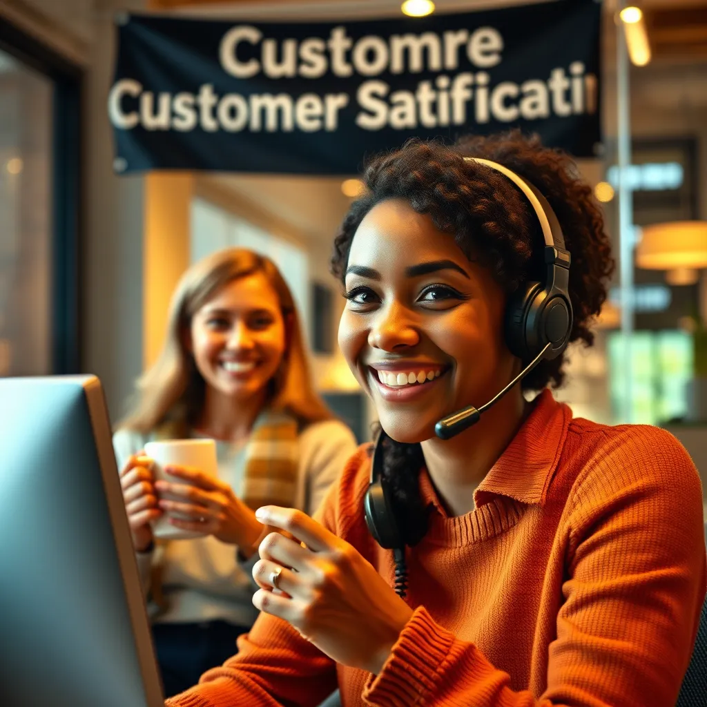 A friendly customer support representative on the phone, with a happy customer in the background holding a coffee mug and a satisfied smile. The background features a warm, inviting office setting with a 'Customer Satisfaction' banner hanging above.
