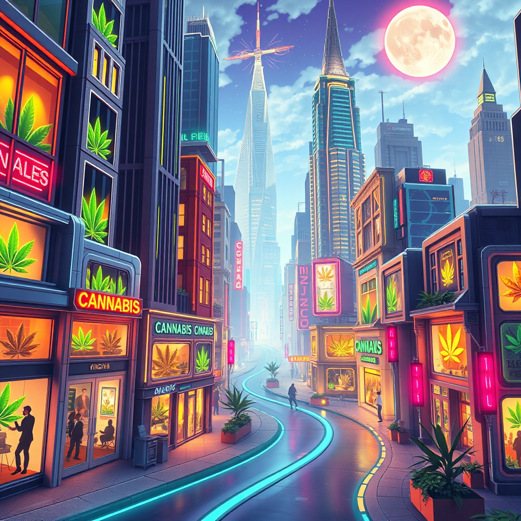A futuristic cityscape with cannabis dispensaries integrated into the architecture. The scene is vibrant and optimistic. The lighting is bright and dynamic. The style is inspired by science fiction and utopian visions, suggesting a positive and progressive future for cannabis legalization in Virginia.