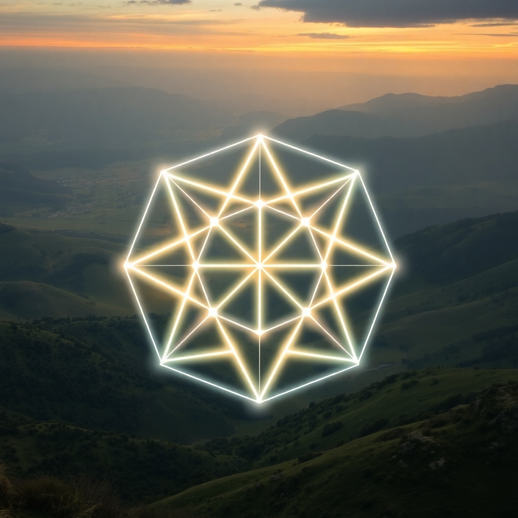 A glowing geometric symbol overlayed on a landscape. Highlighting hidden connections and patterns.