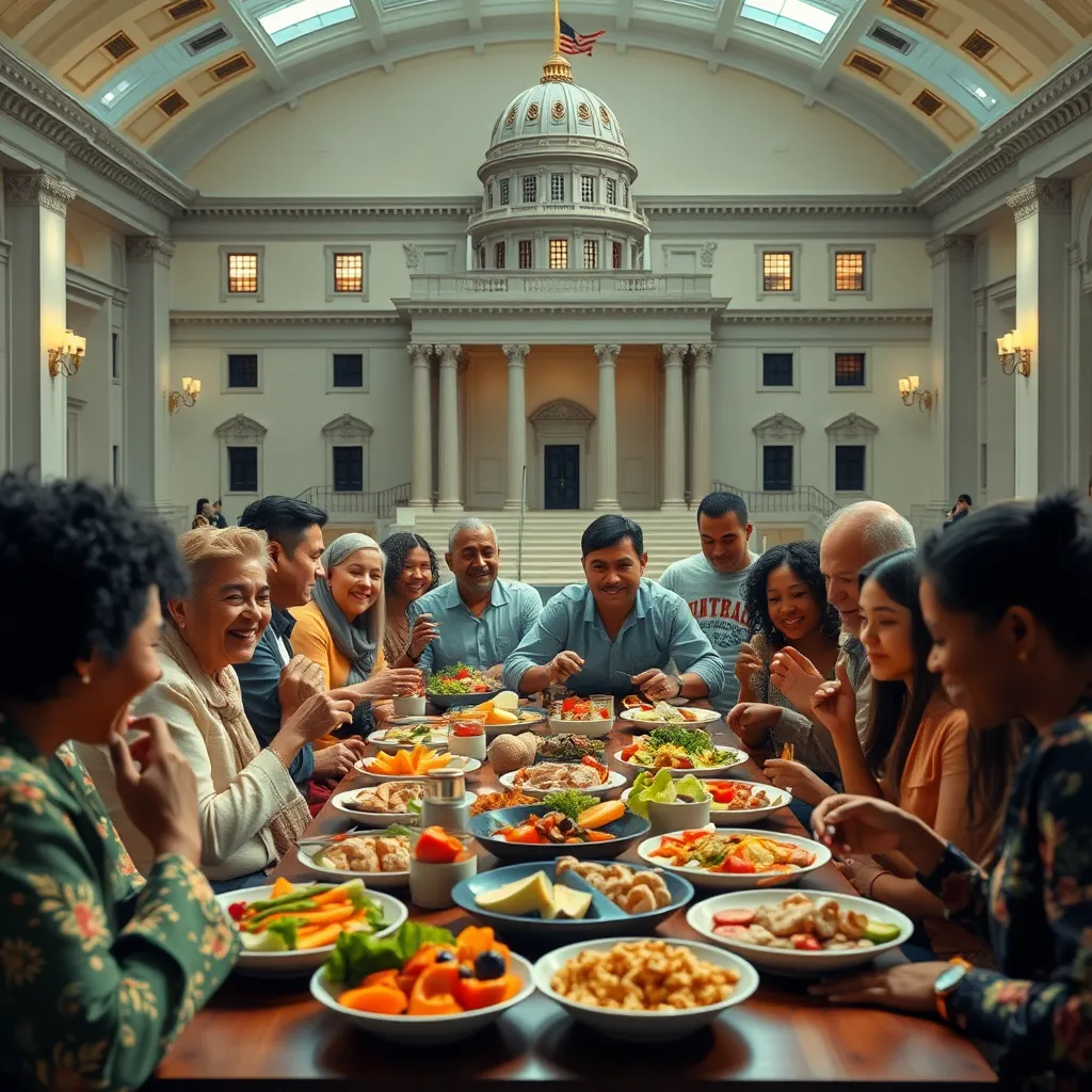 A government building with a diverse group of people from various ethnicities and backgrounds, all enjoying a balanced meal with a variety of food options, including fruits, vegetables, proteins, and grains. The scene should be vibrant and celebratory, showcasing a positive message of inclusivity and healthy eating habits.