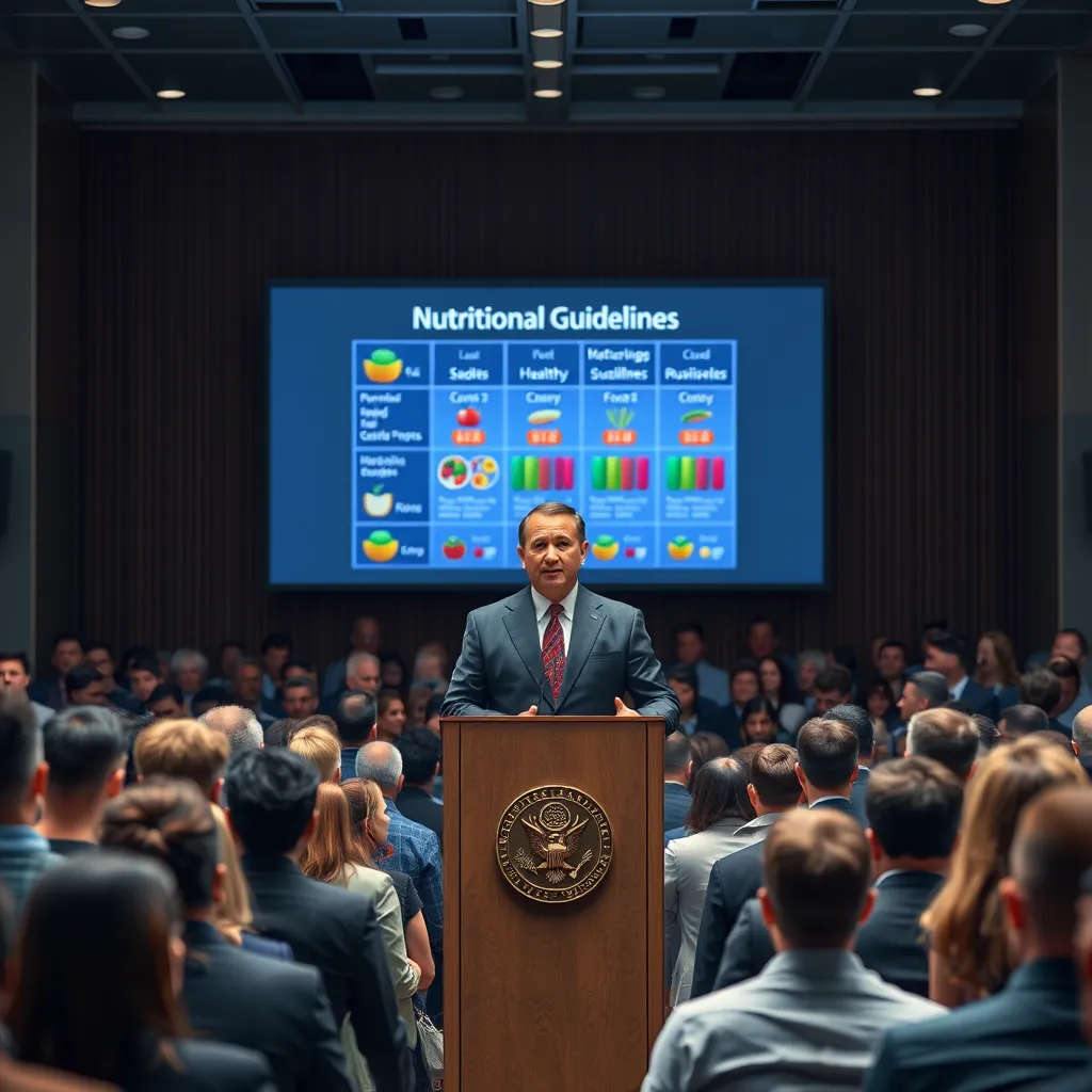 A government official in a suit standing at a podium, addressing a crowd of diverse people. Behind them, a large screen displays nutritional guidelines and charts with healthy food choices. The overall tone should be informative and neutral, emphasizing education rather than coercion.