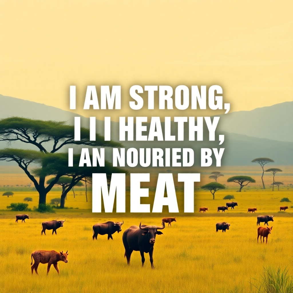 A graphic design featuring bold text stating "I am strong, I am healthy, I am nourished by meat" set against a backdrop of a flourishing savanna landscape with grazing animals. Strong, vibrant colors. Modern, minimalist style.