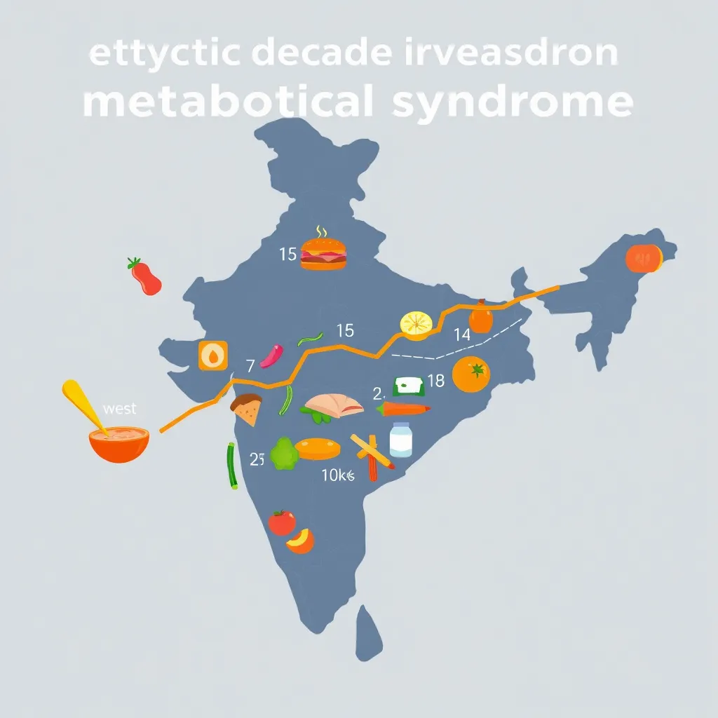A graphic illustration showing the increase in metabolic syndrome in India over the past few decades. Use a line graph to depict the rising trend, with the graph overlayed on a map of India. Include icons of unhealthy food and lifestyle choices that contribute to the condition.