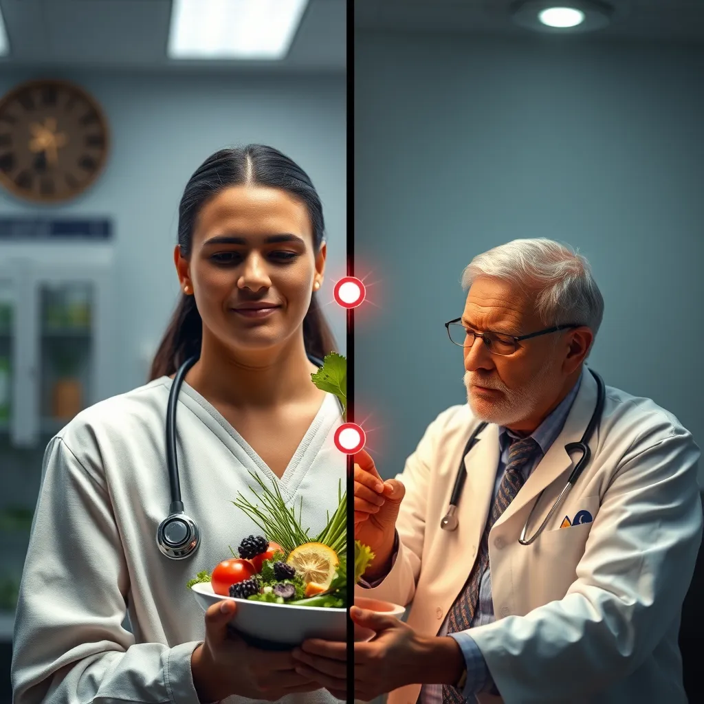 A graphic showing a person with a vegan diet on one side and a doctor examining a patient with a health condition on the other side, with a visual representation of the connection between the two