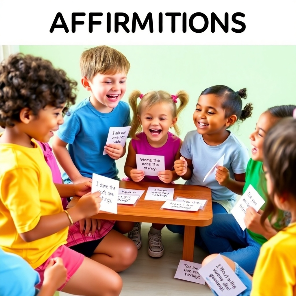 A group of children laughing and playing a game involving affirmations. They are holding cards with positive messages written on them. The scene is bright, colorful, and energetic.