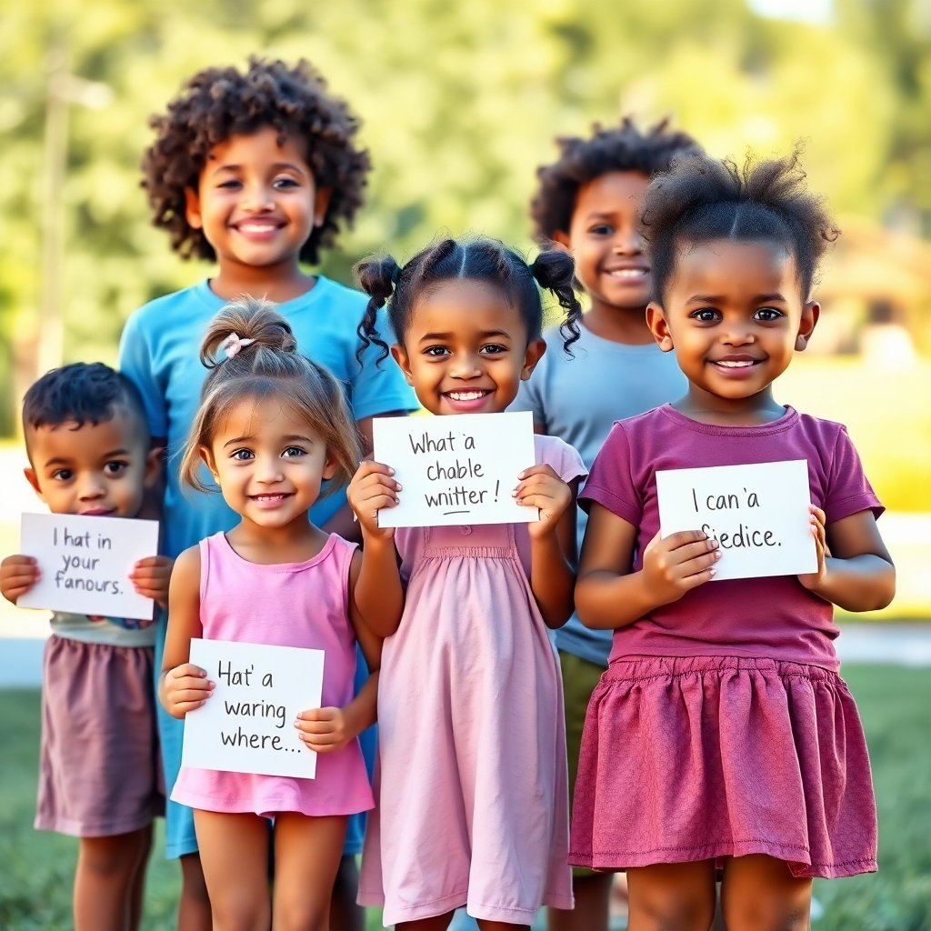 A group of diverse children standing tall and confident, each holding a small sign with a positive affirmation written on it. The children are smiling and looking directly at the viewer. The background is a bright and uplifting outdoor setting. The style should be photorealistic with a focus on capturing the children's self-assurance. Technical specs: 4K resolution, high quality.