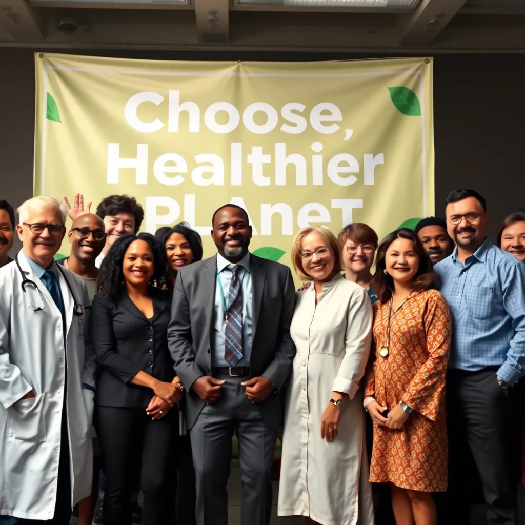 A group of diverse individuals, including a doctor, a pastor, and a government official, standing in front of a large banner promoting plant-based eating with the slogan "Choose a Healthier Planet." They are smiling and looking at the camera, showcasing their support for the movement.